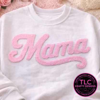 XL MAMA Pink Fuzzy Chenille Patch - Mom Life Heat Press/ Iron-On Appliqué
