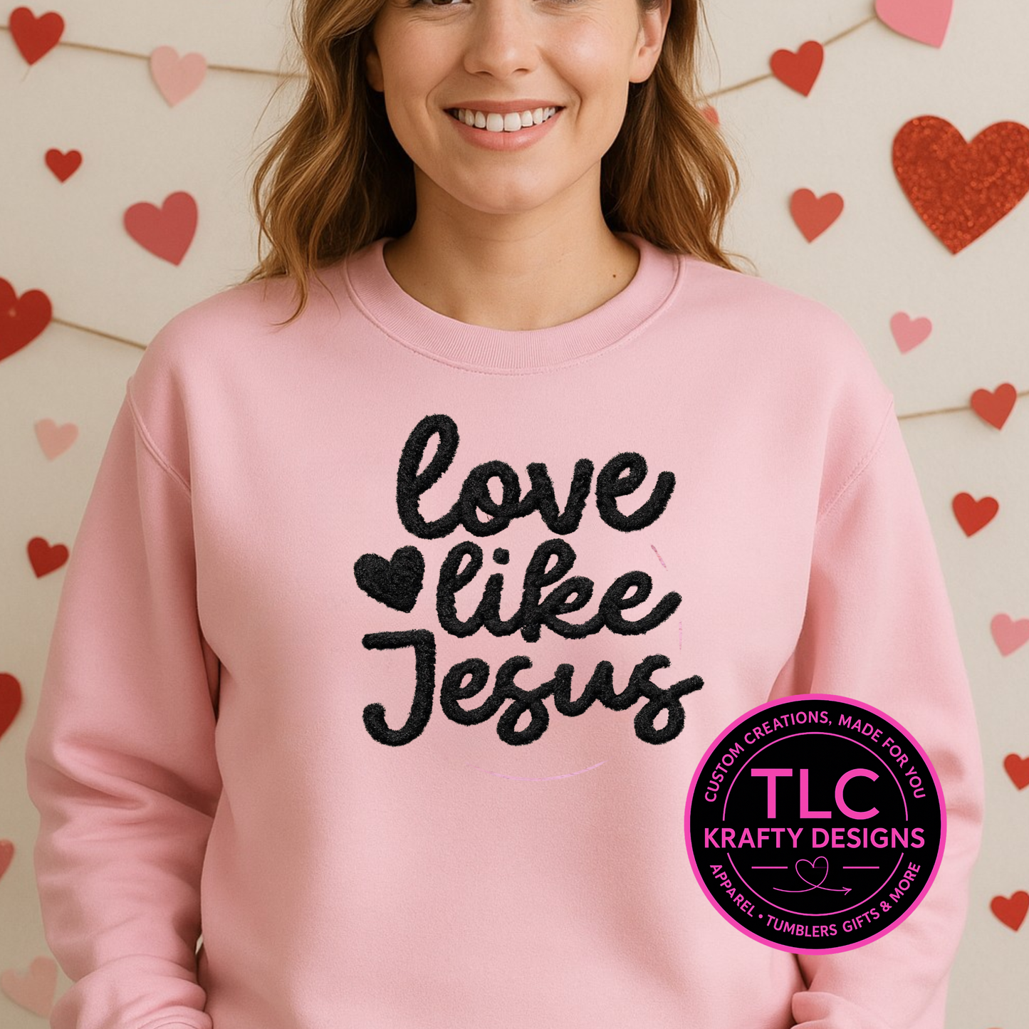 XL Love Like Jesus Black Fuzzy Chenille Patch - Heat Press/Iron-On Appliqué