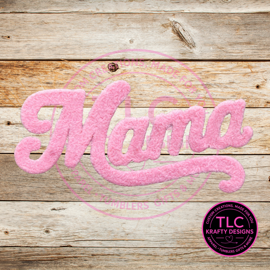 XL MAMA Pink Fuzzy Chenille Patch - Mom Life Iron-On/ Sew-On Appliqué