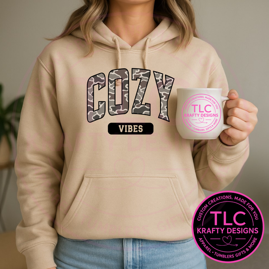 Cozy Vibes T-Shirt or Sweatshirt – Neutral Camo Letter Cozy Apparel