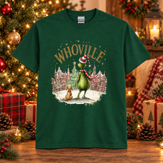 Green Man Christmas Village design on a Forest Green t-shirt