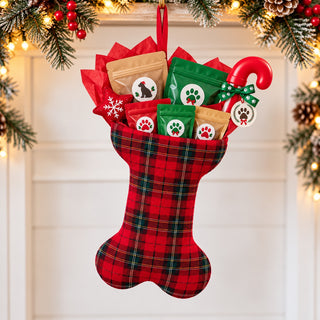 Bone Plaid stocking stuffed with All Paws Pet Bakery cat treats