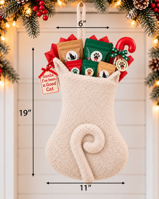 Cat Stocking (cream) stuffed with All Paws Pet Bakery treats — 19 inches tall