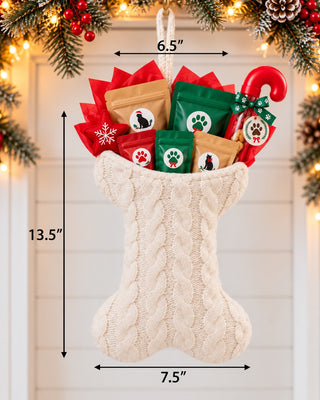 Knit Bone Cream stocking stuffed with All Paws Pet Bakery cat treats — 13.5 inches tall, 6.5 inch opening, 7.5 inch foot