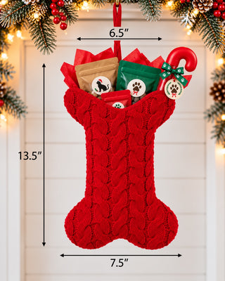 Dog Bone Knit stocking (red) stuffed with All Paws Pet Bakery cat treats — 13.5 inches tall, 6.5 inch opening, 7.5 inch foot