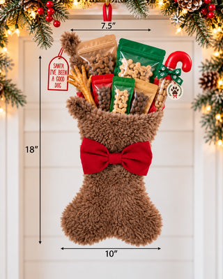 Brown Dog Bone stocking stuffed with All Paws Pet Bakery treats — 18 inches tall, 7.5 inch opening, 10 inch foot