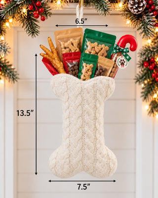Dog Bone Knit stocking (cream) stuffed with All Paws Pet Bakery treats — 13.5 inches tall, 6.5 inch opening, 7.5 inch foot