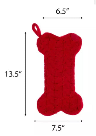 Dog Bone Knit stocking size: 13.5 inches tall, 6.5 inch opening, 7.5 inch foot