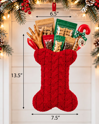 Dog Bone Knit stocking (red) stuffed with All Paws Pet Bakery treats — 13.5 inches tall, 6.5 inch opening, 7.5 inch foot