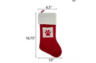 Knitted Paw Print stocking size: 18.75 inches tall, 6.5 inch opening, 10 inch foot