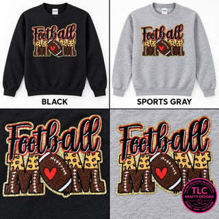 PT2-PO Football Mom chenille patch on black and sport grey crewneck mockups with patch close-ups