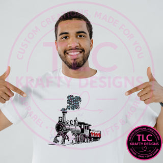 Snowflake steam train design — black winter locomotive with snowflake steam and red tender on a white tee