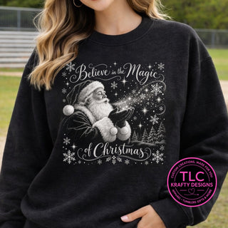 Believe in the Magic of Christmas Santa design on a black crewneck
