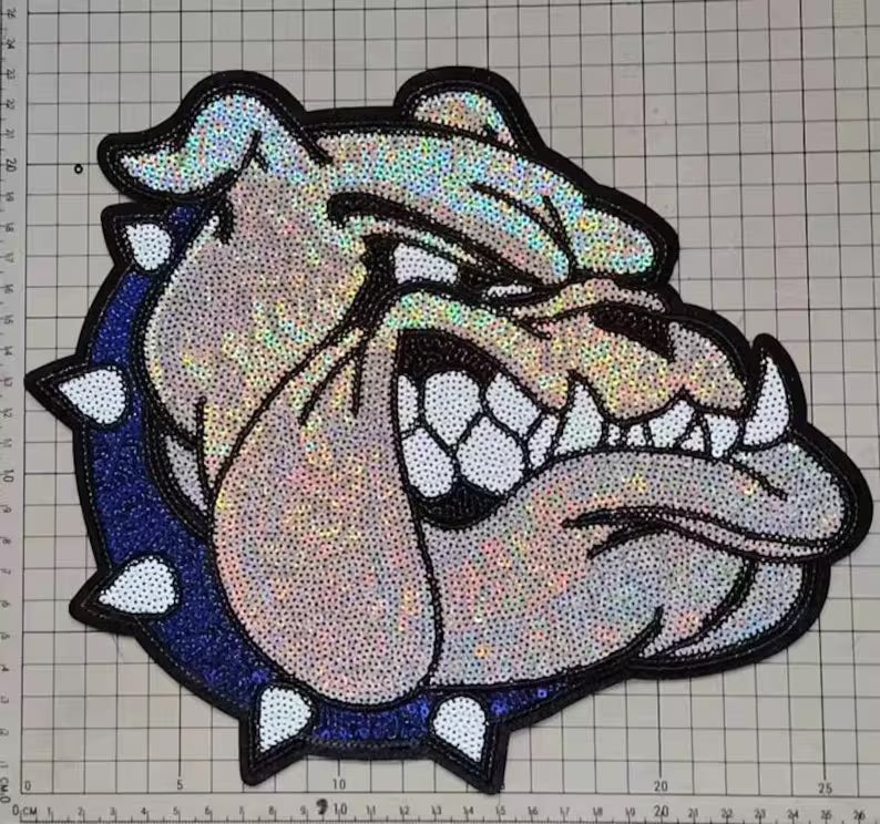 XL Bulldog Sequin Patch Blue Collar – Spirit Wear Iron-On / Sew-On Appliqué CK