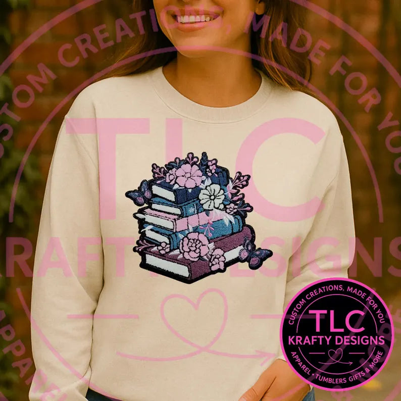 PREORDER XL Stack of Books Chenille Patch – Floral and Butterfly Details Iron-On / Sew-On Applique CK