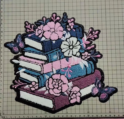 PREORDER XL Stack of Books Chenille Patch – Floral and Butterfly Details Iron-On / Sew-On Applique CK
