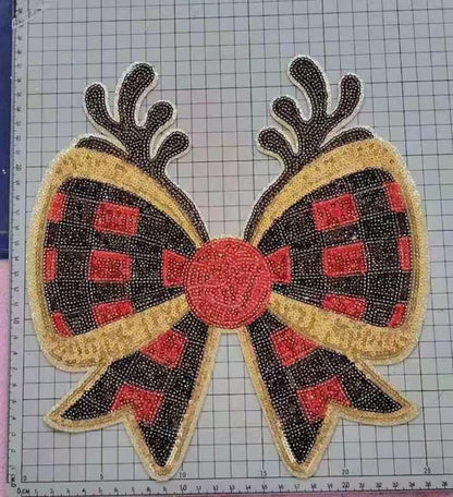 PREORDER Buffalo Plaid Reindeer Bow Sequin Patch – Festive Holiday Iron-On / Sew-On Applique CK