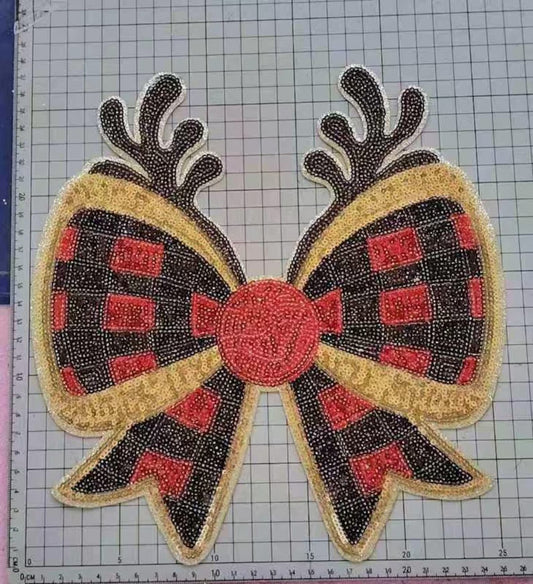 PREORDER Buffalo Plaid Reindeer Bow Sequin Patch – Festive Holiday Iron-On / Sew-On Applique CK