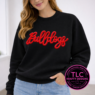 Bulldogs fuzzy chenille patch mockup - Red patch on Black