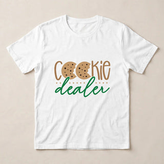 CK1 Cookie Dealer script design flat-lay on White tee