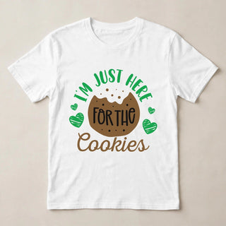 CK3 Just Here For The Cookies design flat-lay on White tee
