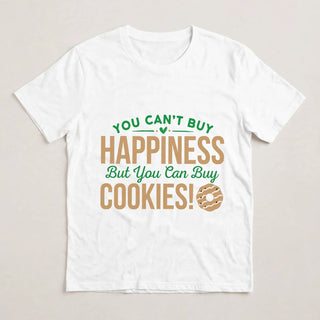 CK5 Happiness Is Cookies design flat-lay on White tee