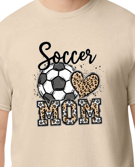 Stylish sublimation T-shirt featuring the words "Soccer Mom" adorned with trendy leopard print