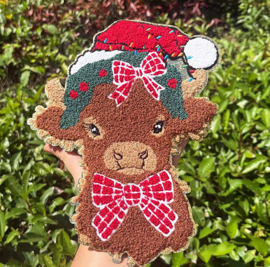 XL Santa Hat Highland Cow Chenille Patch – Festive Christmas Iron-On / Sew-On Appliqué CK