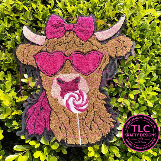 PREORDER XL Highland Cow With Lollipop Chenille Valentine Patch – Chenille Iron-On / Sew-On Applique CK