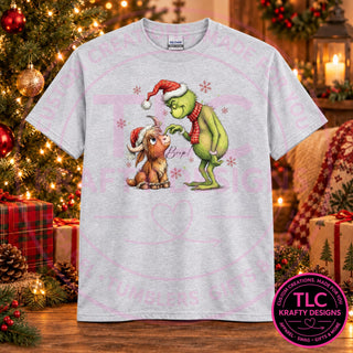 Green Man booping a Highland cow design on an Ash t-shirt