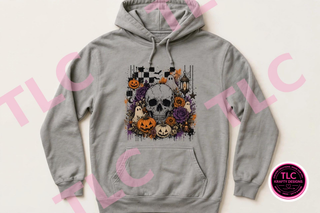 Floral Skull Halloween Hoodie, Skull and Pumpkin Sweatshirt, Spooky Floral Shirt, Gothic Halloween Tee, Halloween Skull Gift - Gildan mockup
