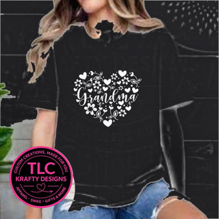 Grandma floral heart design on a black t-shirt
