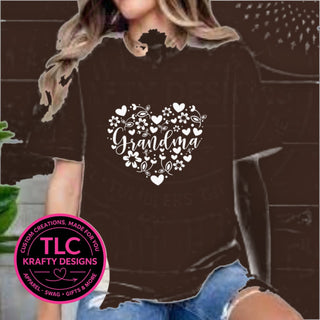 Grandma floral heart design on a dark chocolate brown t-shirt