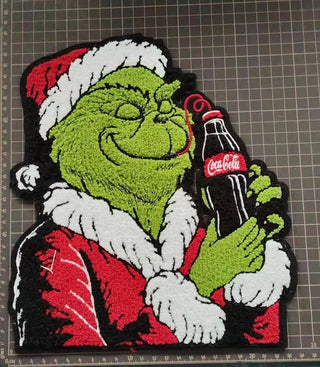 PREORDER XL Santa Grinchy Holding Soda Chenille Patch – Festive Holiday Iron-On / Sew-On Applique CK