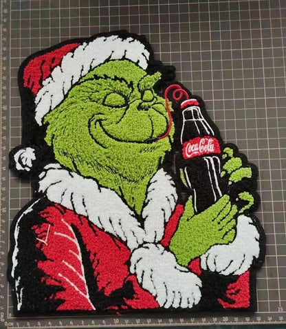 PREORDER XL Santa Grinchy Holding Soda Chenille Patch – Festive Holiday Iron-On / Sew-On Applique CK