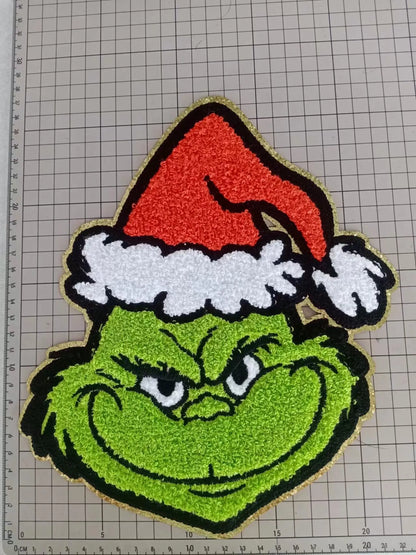 Green Man Grinchy Face Chenille Patch – Feative Christmas Iron-On / Sew-On Applique CK