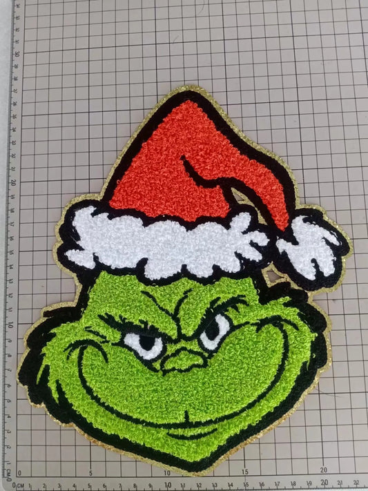 Green Man Grinchy Face Chenille Patch – Feative Christmas Iron-On / Sew-On Applique CK