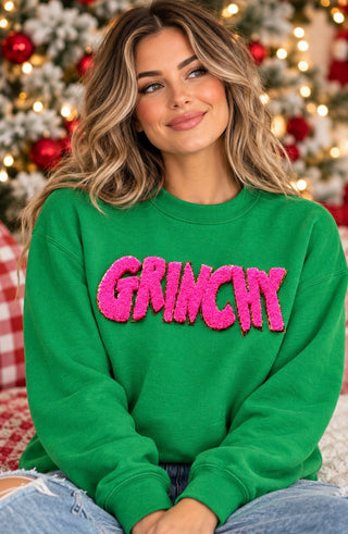 Grinchy Patch Sweatshirt - green crewneck with pink patch