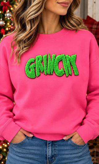 Grinchy Patch Sweatshirt - pink crewneck with green patch