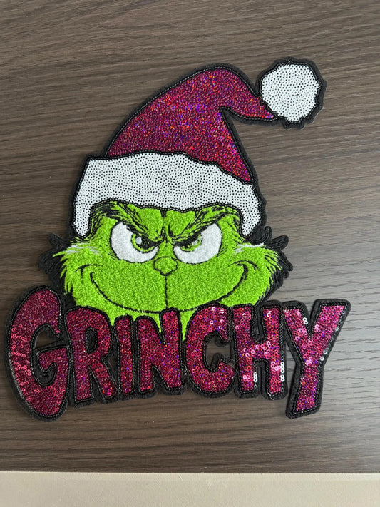 XL Grinchy Chenille Sequin Patch – Festive Christmas Iron-On / Sew-On Appliqué CK