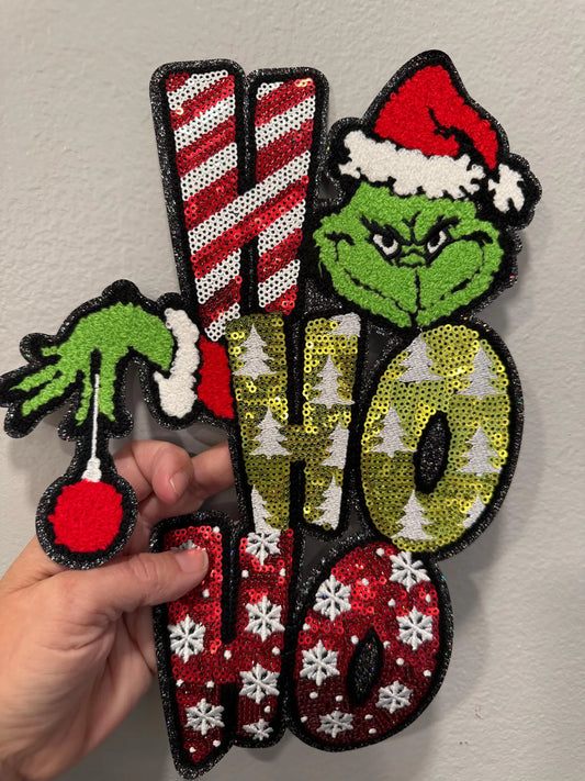 XL Grinchy Ho Ho Ho Patch – Festive Holiday Iron-On / Sew-On Applique CK