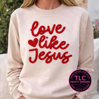 XL Love Like Jesus Red Fuzzy Chenille Patch - Heat Press/Iron-On Appliqué