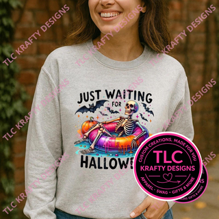 Just Waiting for Halloween Shirt, Funny Skeleton Halloween Tee, Skeleton Pool Float Shirt, Spooky Summerween Shirt, Halloween Gift - Comfort Colors mockup