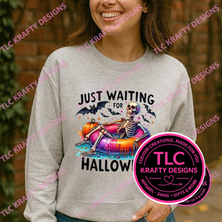 Just Waiting for Halloween Shirt, Funny Skeleton Halloween Tee, Skeleton Pool Float Shirt, Spooky Summerween Shirt, Halloween Gift - Gildan mockup