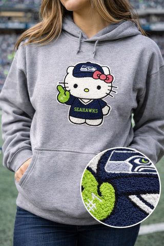 Kitty Seattle Football chenille patch on a gray hoodie