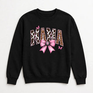 MAMA cow print varsity design on black sweatshirt