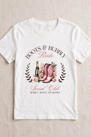 Boots & Bubbly Bride design on white t-shirt flat-lay