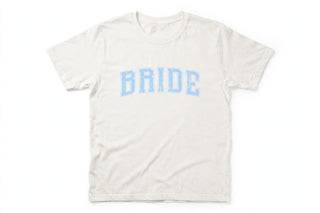 Bride varsity blue letters flat-lay white t-shirt