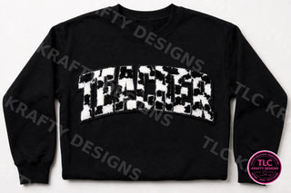 Cow Print TEACHER Patch Sweatshirt - Black crewneck mockup