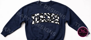 Cow Print TEACHER Patch Sweatshirt - Navy crewneck mockup